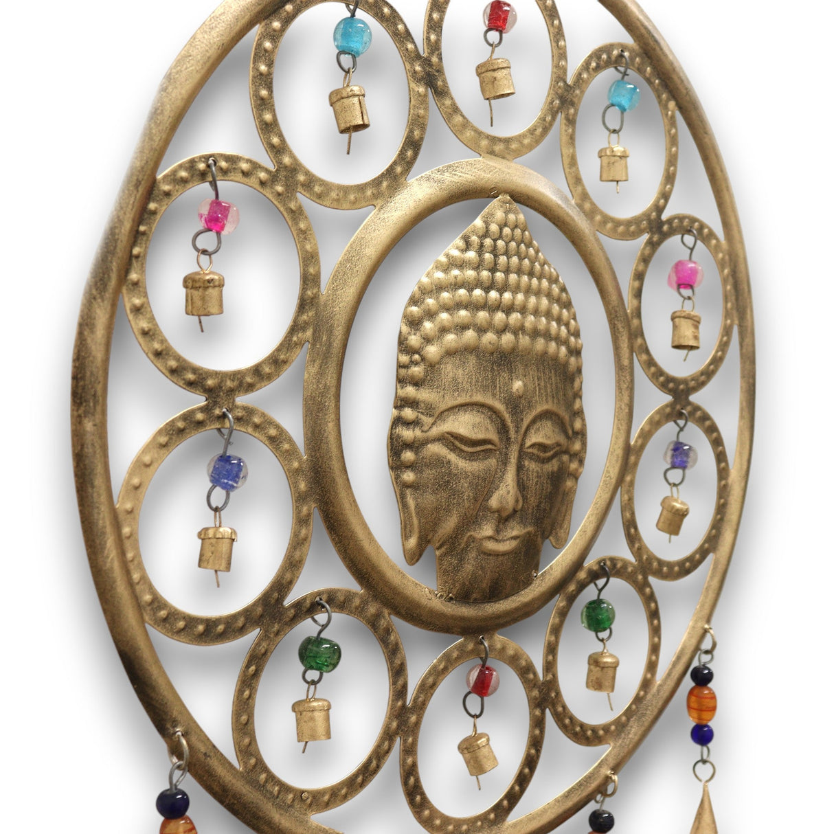 Large Buddha Face Brass Wind Chime with 15 Bells - Handcrafted Indian Spiritual Decor for Serenity and Elegance - SHAMTAM.COM