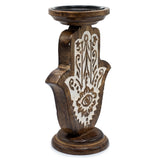 Large Eco - Friendly Mango Wood Candle Stand with Carved Hamsa Hand Design for Protection and Positive Energy - SHAMTAM.COM