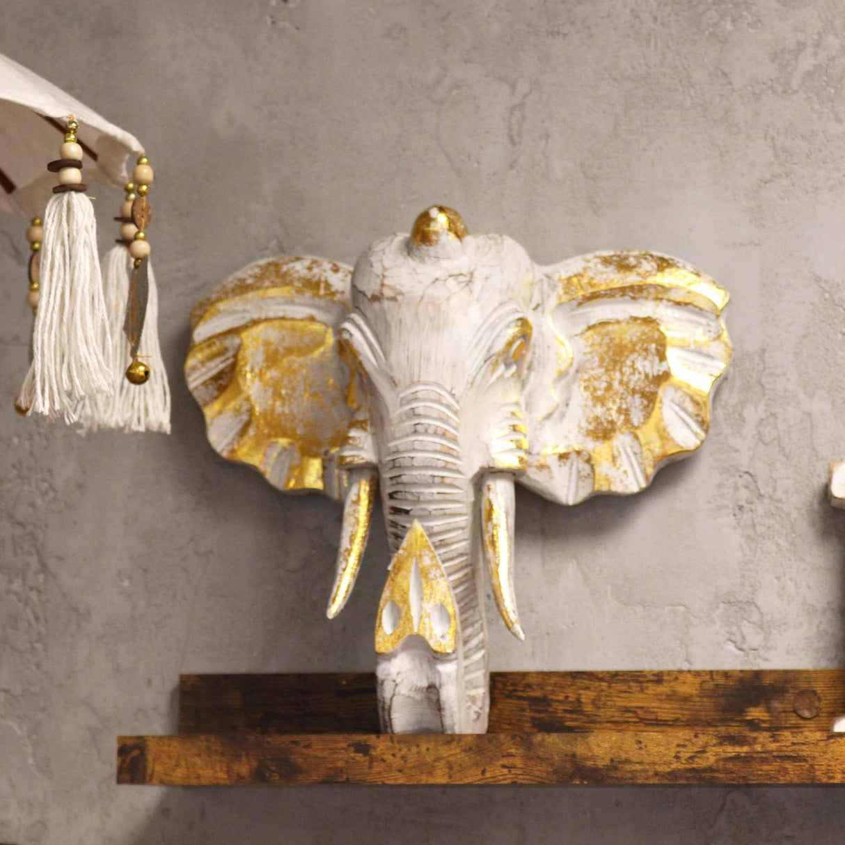 Large Elephant Head - Gold & Whitewash - SHAMTAM.COM