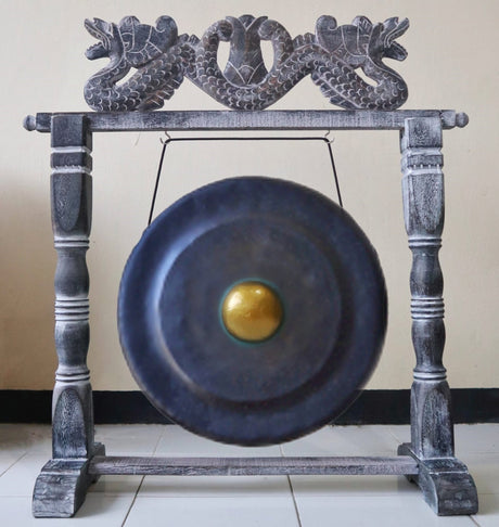 Gong in Brown Antique Stand - 80cm - Black - SHAMTAM.COM