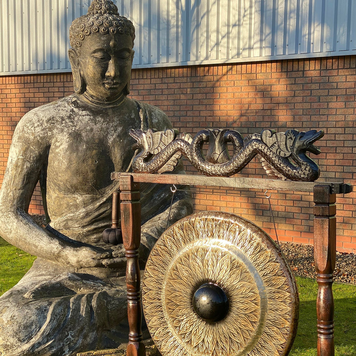 Gong in Brown Antique Stand - 80cm - Black - pattern - SHAMTAM.COM