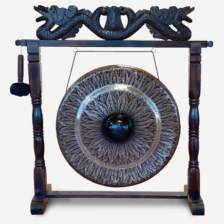 Gong in Brown Antique Stand - 80cm - Black - pattern - SHAMTAM.COM