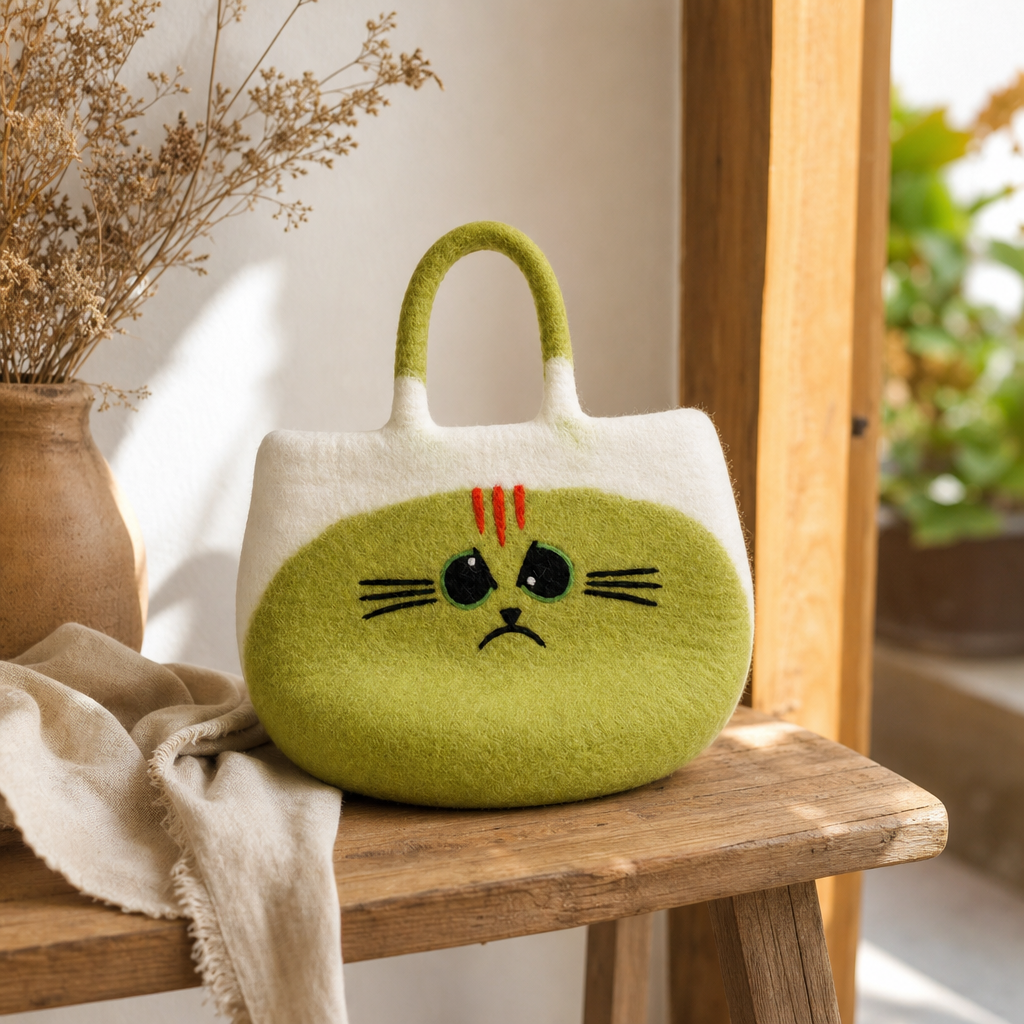 Large Grumpy Cat Felted Bag — styled in a warm, naturally lit interior