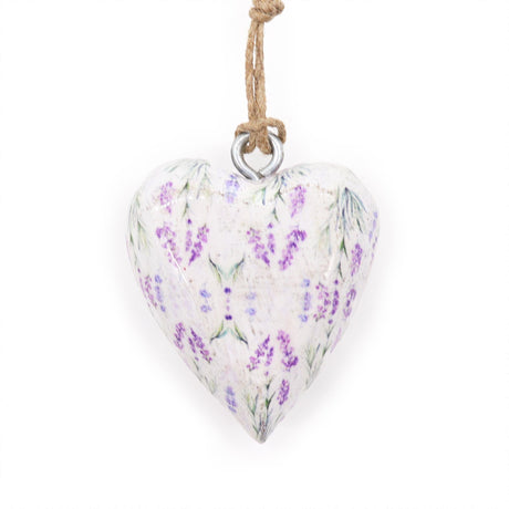 Large Lavender Floral Wood Heart Ornament - Hanging Decorative Piece with Purple Flowers and Green Leaves Design - SHAMTAM.COM