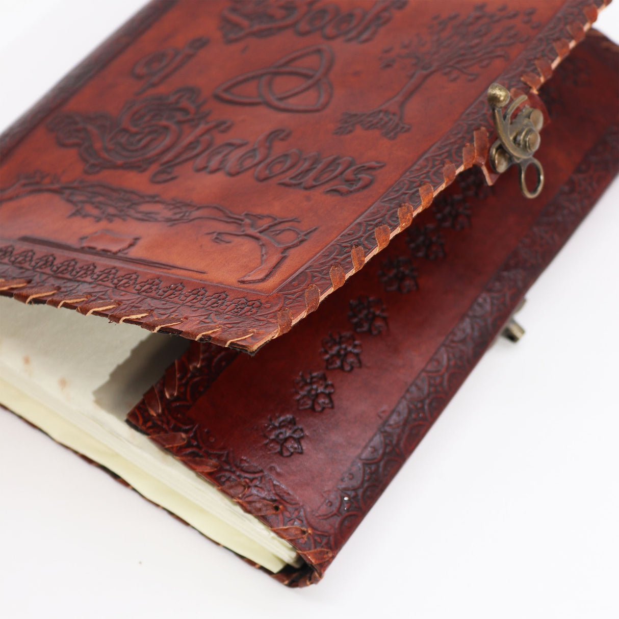 Large Leather - Bound Book of Shadows - Dark Tan, 200 Deckle - Edged Pages, 25x18x3cm - Embossed Pentacle, Triquetra & Tree Design with Clasp Closure - Perfect for Journaling & Spiritual Practices - SHAMTAM.COM