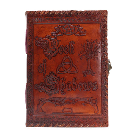 Large Leather - Bound Book of Shadows - Dark Tan, 200 Deckle - Edged Pages, 25x18x3cm - Embossed Pentacle, Triquetra & Tree Design with Clasp Closure - Perfect for Journaling & Spiritual Practices - SHAMTAM.COM