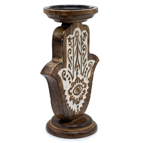 Large Eco - Friendly Mango Wood Candle Stand with Carved Hamsa Hand Design for Protection and Positive Energy - SHAMTAM.COM