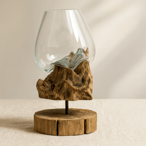 Large Molten Glass Bowl on Wood Stand - SHAMTAM.COM