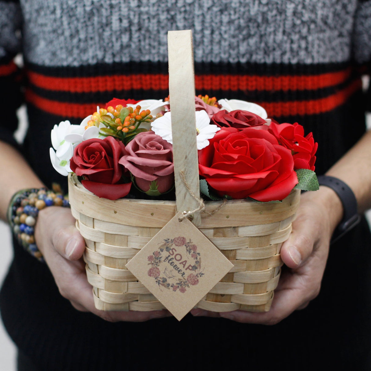 Soap Flowers Large Pink Bouquet in Wicker Basket - SHAMTAM.COM