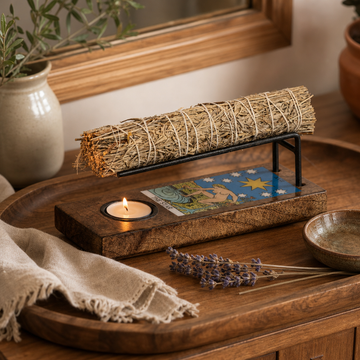 Large Sage Stick Heater Enamelled - The Star — styled in a warm, naturally lit interior