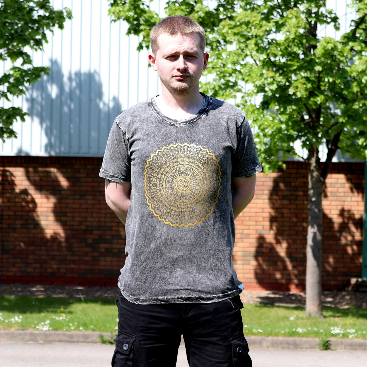 Large Stone Washed T-Shirt - Mandala - Dark Grey - SHAMTAM.COM