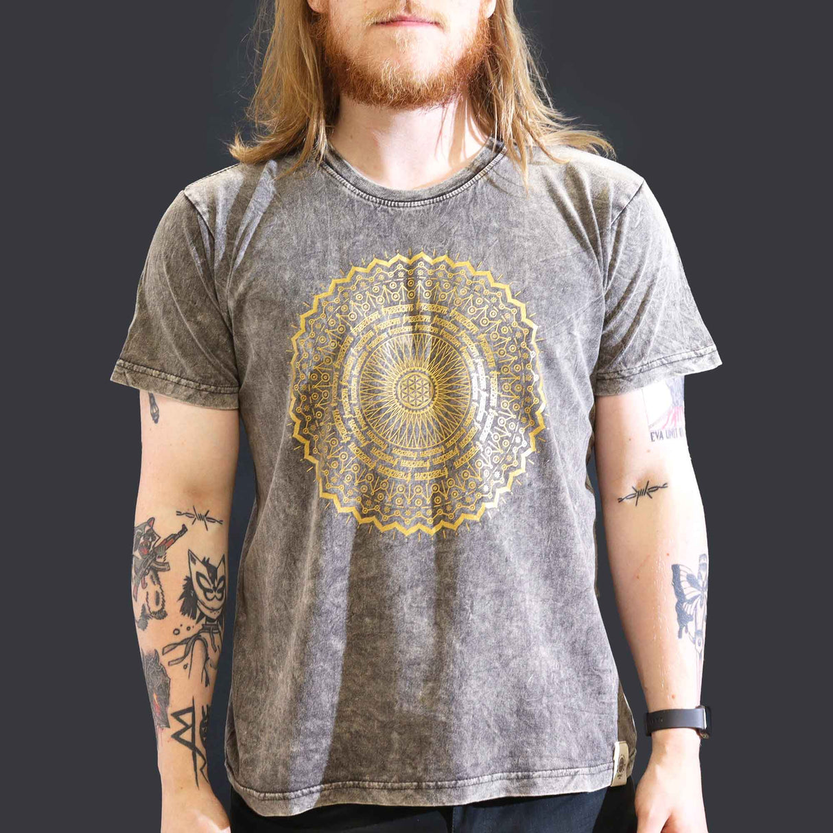 Large Stone Washed T-Shirt - Mandala - Dark Grey - SHAMTAM.COM