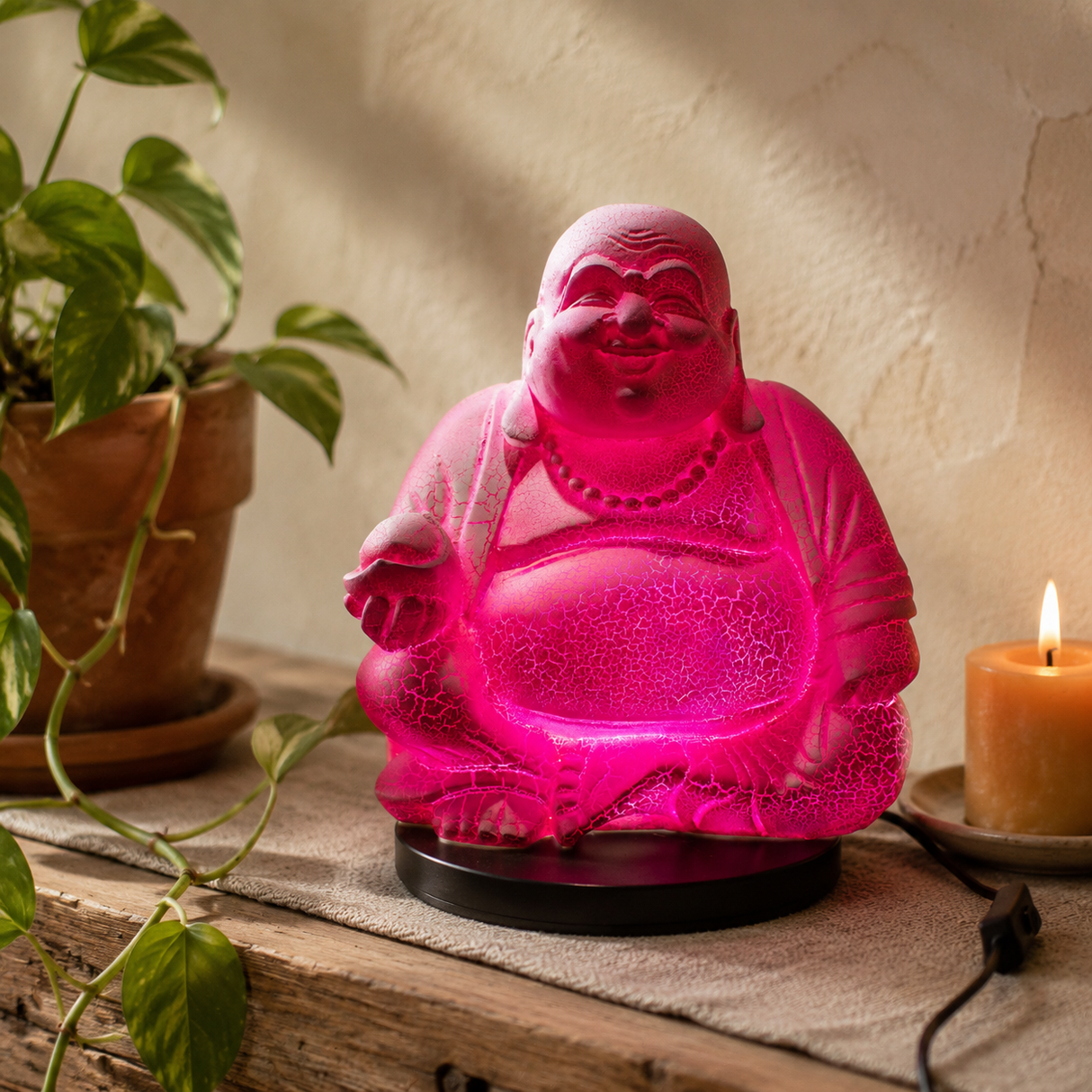 Lampe Bouddha Rieur Fruit du Dragon - Socle Rond