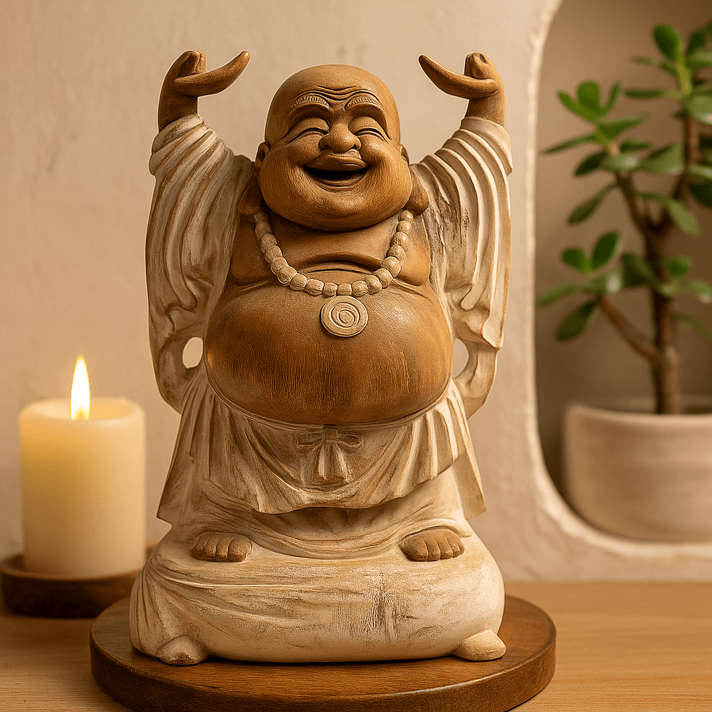 Laughing Buddha Statue Hands Up Whitewash 40cm - SHAMTAM.COM