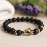 Lava Stone Beaded Bracelet Gold Hamsa Crystal - SHAMTAM.COM