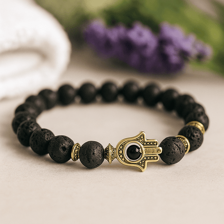 Lava Stone Beaded Bracelet Gold Hamsa Crystal - SHAMTAM.COM