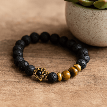 Lavastenarmband Hamsa-hand tigeröga
