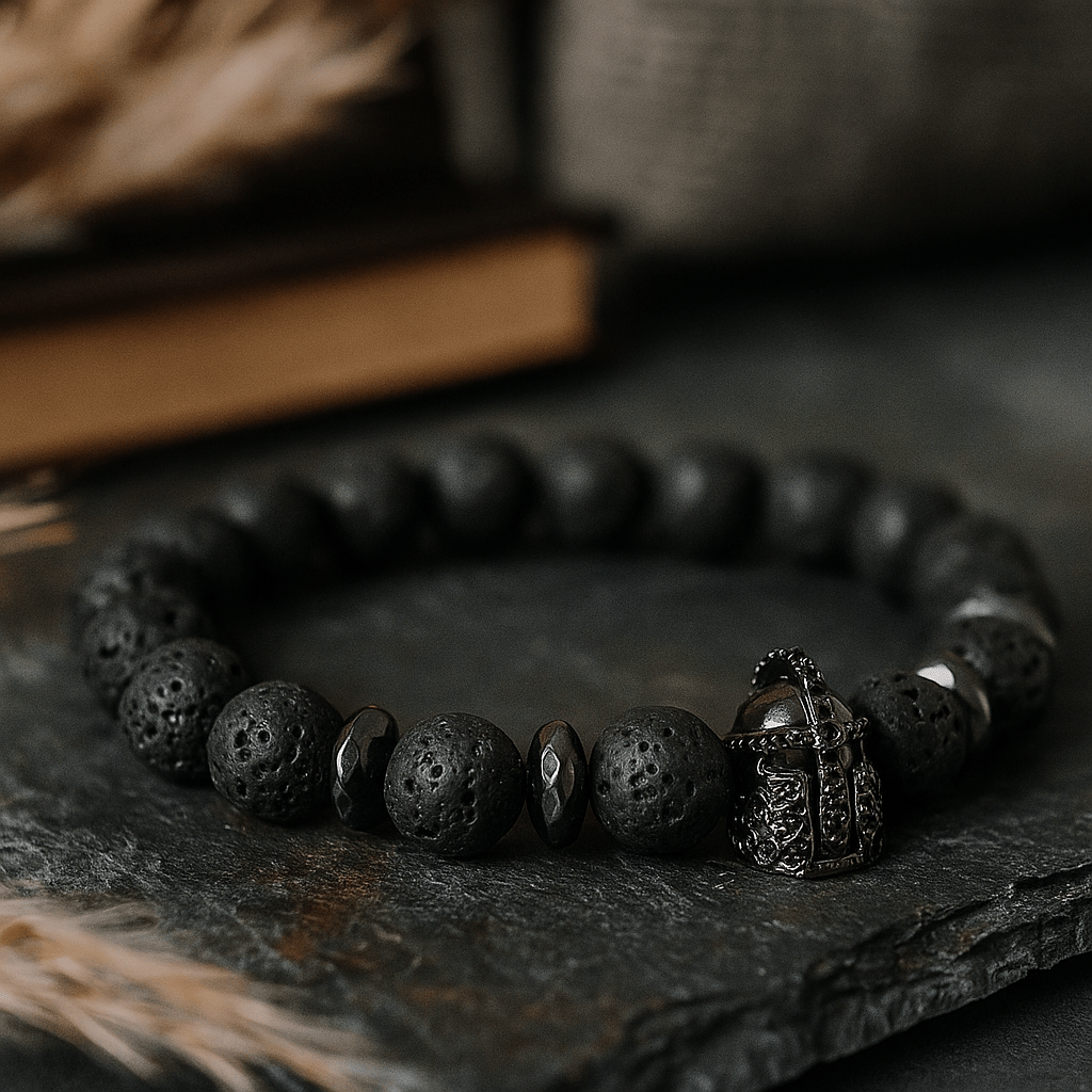 Lava Stone Bracelet, Knight Helmet Charm - SHAMTAM.COM