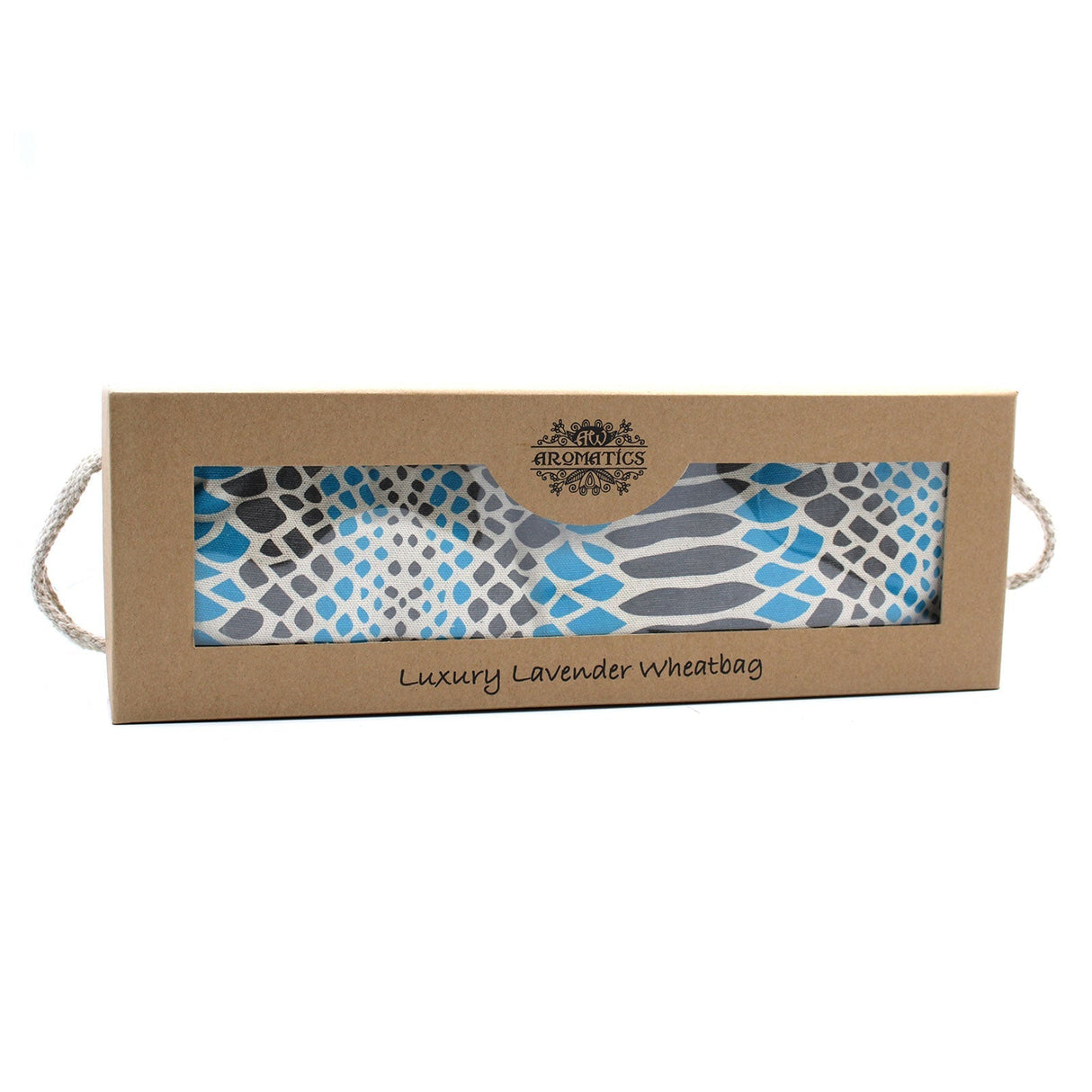 Luxury Lavender Wheat Bag in blue patterned fabric gift box with rope handles