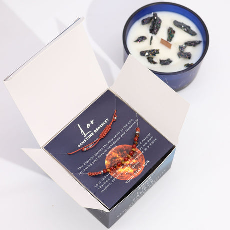 Leo Zodiac Crystal Candle and Gemstone Bracelet Set - Frosted Citrine & Ginger Fragrance with Tiger's Eye and Carnelian for Empowerment - SHAMTAM.COM