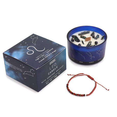 Leo Zodiac Crystal Candle and Gemstone Bracelet Set - Frosted Citrine & Ginger Fragrance with Tiger's Eye and Carnelian for Empowerment - SHAMTAM.COM