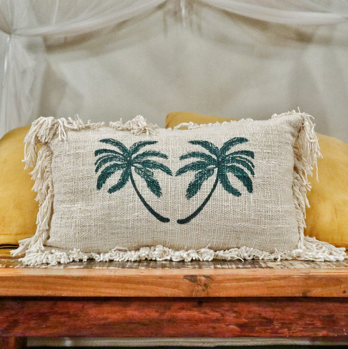 Linen Cushion 30x50cm Palm Tree with Fringe - SHAMTAM.COM