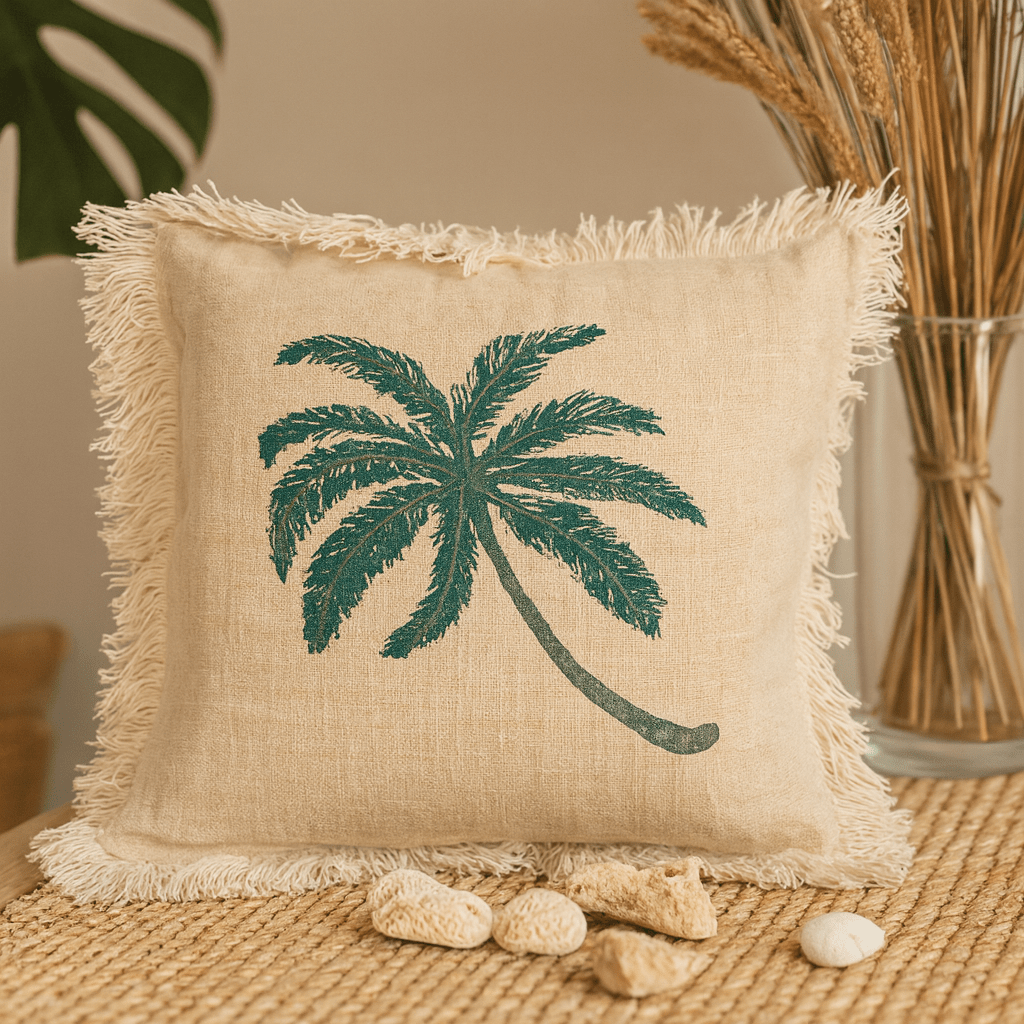 Linen Cushion 60x60cm Palm Tree Fringe - SHAMTAM.COM