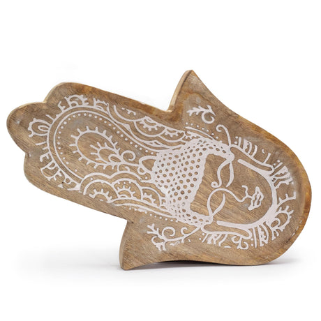 Long Tray 30x20.5x2.5cm - Hamsa Shape with Buddha Whitewash - SHAMTAM.COM
