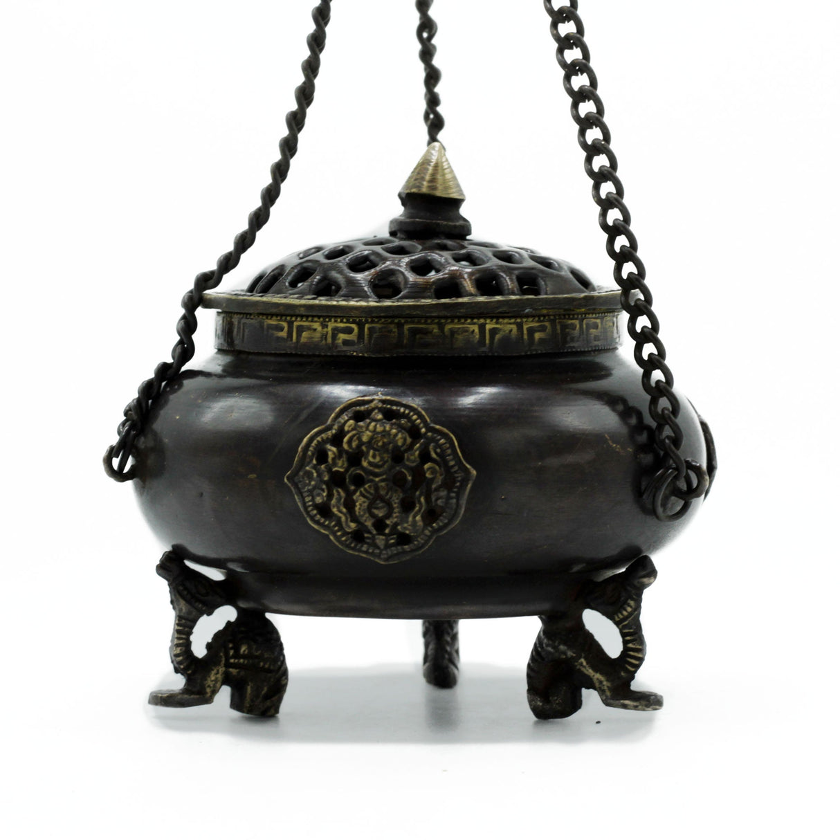 Lrg Brass Tibetan Burner - Four Symbol Hanging Pot - SHAMTAM.COM