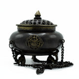 Lrg Brass Tibetan Burner - Four Symbol Hanging Pot - SHAMTAM.COM