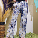 (LXL) Nomad Sari On the Med Collection - Lounge Pants - Gold & Blue Greek Motiff - Handpainted - SHAMTAM.COM