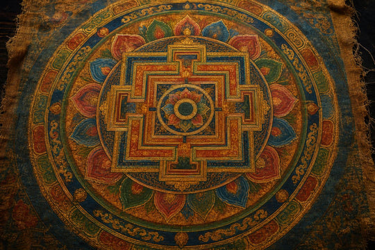 Bovenaanzicht van een traditionele Tibetaanse thangka-mandala, mineraalpigment op verouderd katoen met lijnwerk in goud
