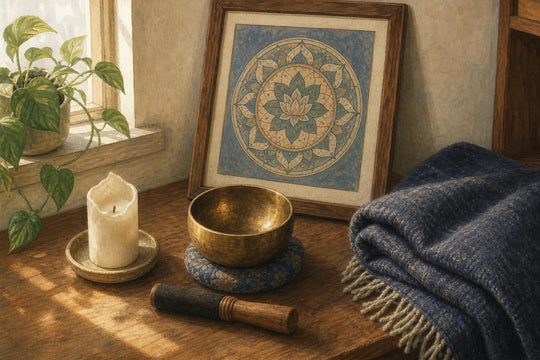 Een meditatiehoek met een mandalaprint, een koperen klankschaal, een indigokleurige deken en een witte kaars in het ochtendlicht