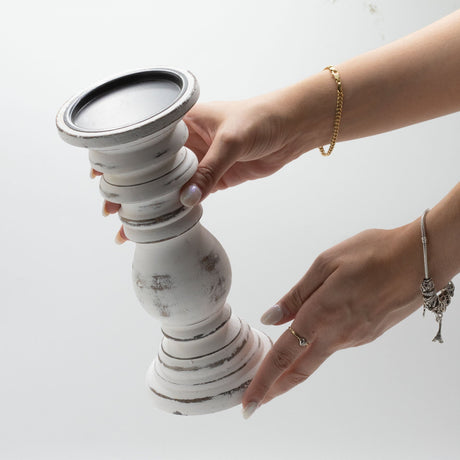 Small Whitewashed Mango Wood Candle Holder - Vintage Distressed Finish, 23x10cm - SHAMTAM.COM