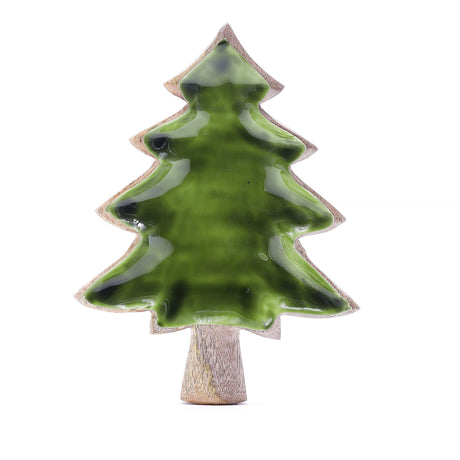 Mango Wood Christmas Tree Bowl Green Enamel 25x19cm - SHAMTAM.COM