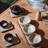 Elegant Mango Wood Tray Set with 3 Blue Stripe Ceramic Bowls - Perfect for Serving Snacks & Condiments - SHAMTAM.COM