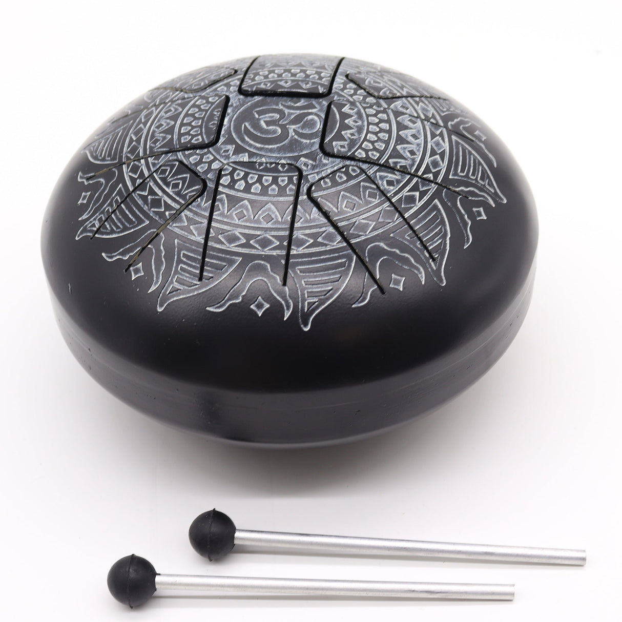 Med Hapi Drum Om Mandala Engraved Steel Tongue Drum - 22x15cm | Black Meditation Instrument with Mallets for Relaxation & Musical Performance - SHAMTAM.COM