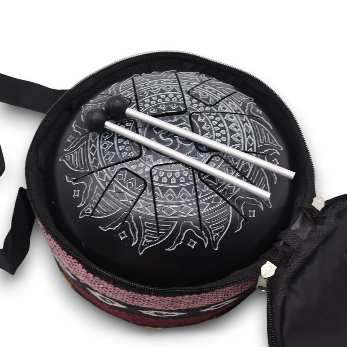 Med Hapi Drum Om Mandala Engraved Steel Tongue Drum - 22x15cm | Black Meditation Instrument with Mallets for Relaxation & Musical Performance - SHAMTAM.COM