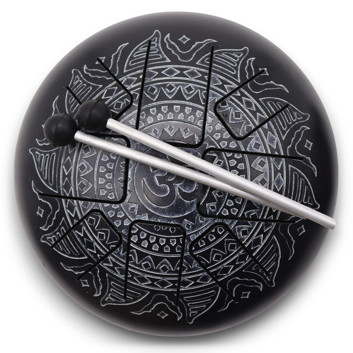 Med Hapi Drum Om Mandala Engraved Steel Tongue Drum - 22x15cm | Black Meditation Instrument with Mallets for Relaxation & Musical Performance - SHAMTAM.COM