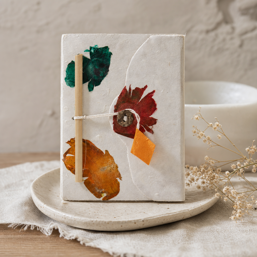 Med Lokta Button Lock Notebook (15 × 12 cm) - 45 leafs - Crafted Real Himalayan Floral Design — styled in a warm, naturally lit interior