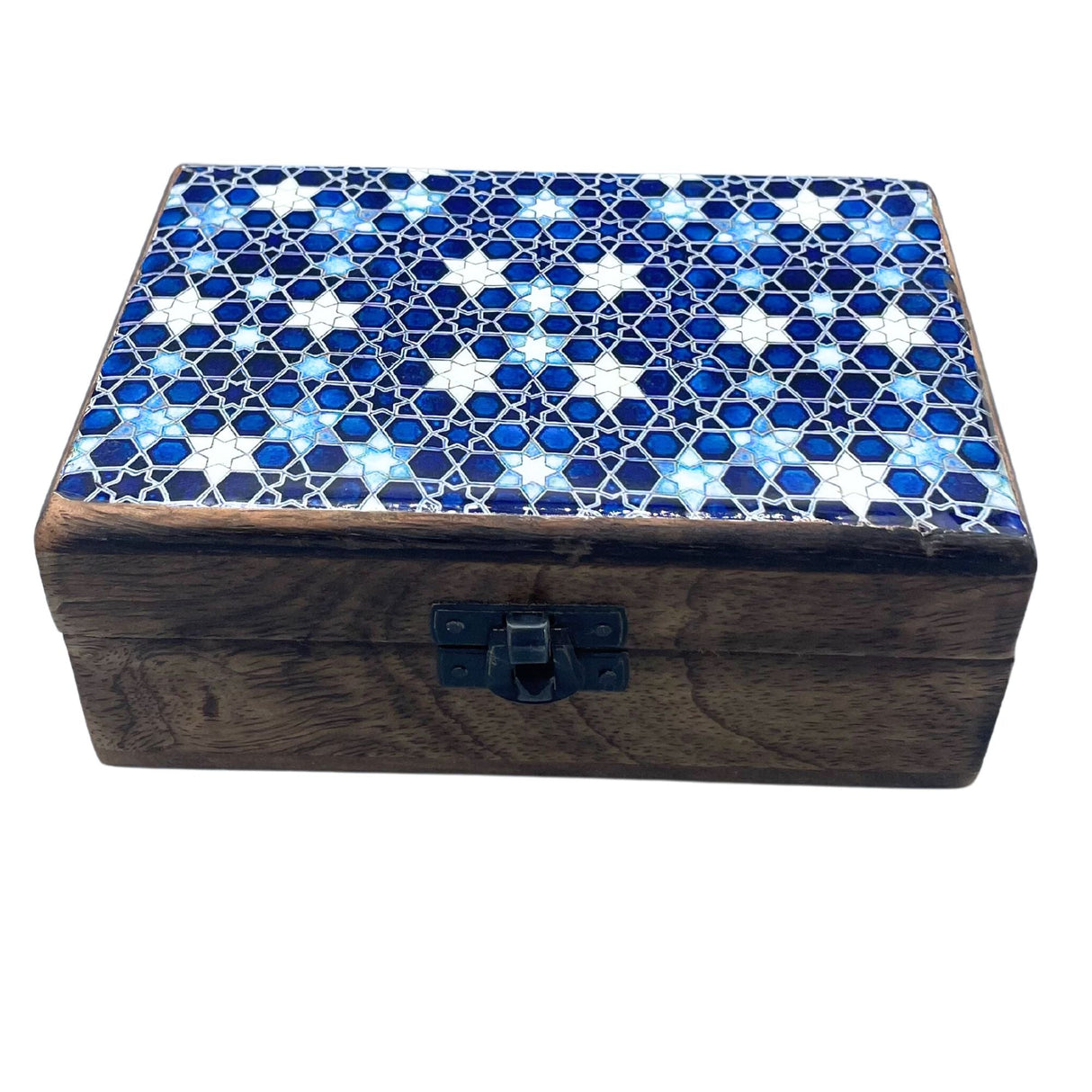 Medium Ceramic Glazed Wood Box - 15x10x6cm - Blue Stars - SHAMTAM.COM