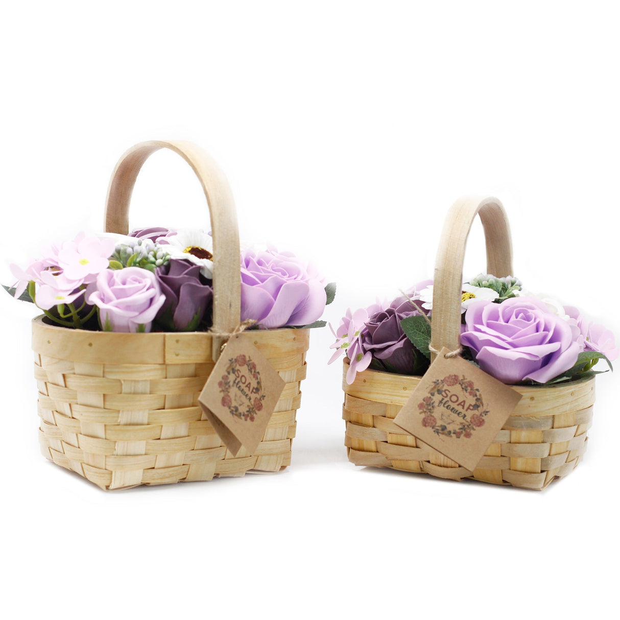 Soap Flowers Medium Lilac Bouquet in Wicker Basket - SHAMTAM.COM