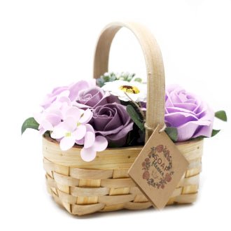 Soap Flowers Medium Lilac Bouquet in Wicker Basket - SHAMTAM.COM