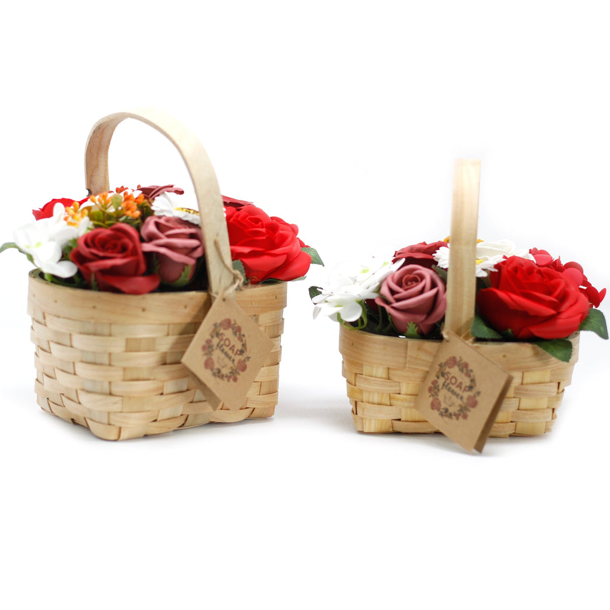 Soap Flowers Medium Red Bouquet in Wicker Basket - SHAMTAM.COM