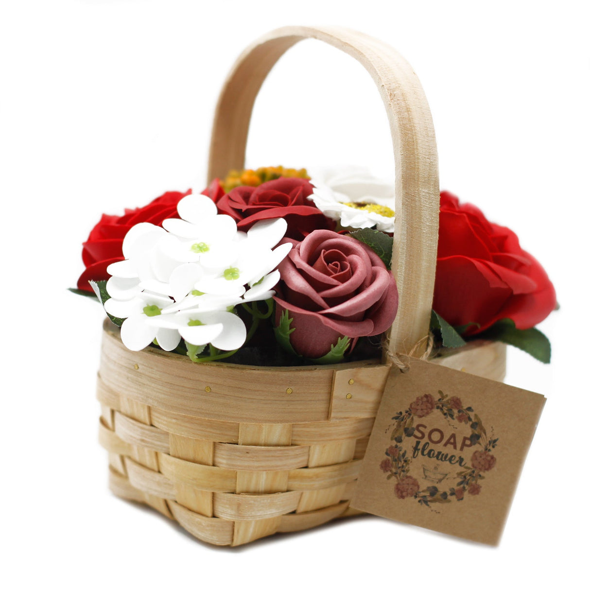 Soap Flowers Medium Red Bouquet in Wicker Basket - SHAMTAM.COM