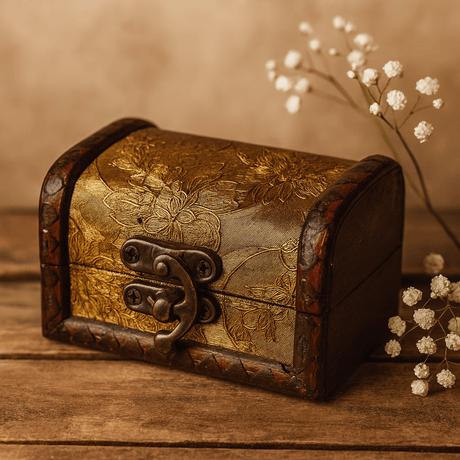 Medium Vintage Colonial Jewelry Box, Gold Panel - SHAMTAM.COM