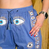 (ML) Nomad Sari On the Med Collection - Lounge Pants - Rich Blue & Gold Hand Painted Evil Eye Design - SHAMTAM.COM