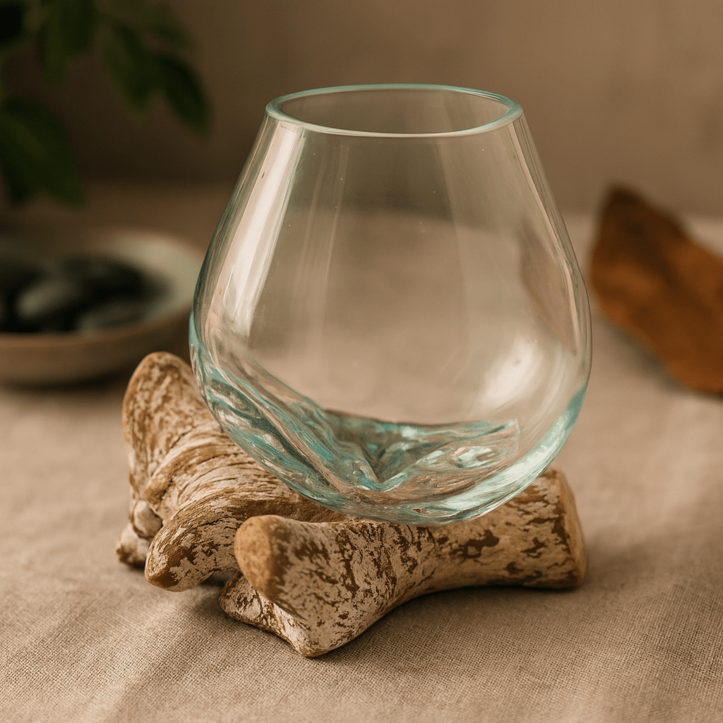 Mundgeblasene Glasschale auf weißgewaschenem Holz