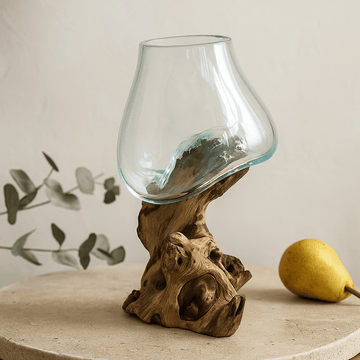 Bol en verre fondu sur base en bois