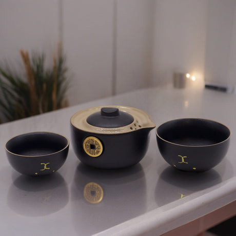 Travel Tea Set Money Cat - Two Cups - Black - SHAMTAM.COM